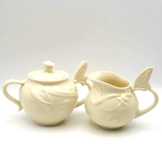 Vintage I. Godinger & Co. Creamer and Sugar Bowl Set: Butterfly Handles, Floral Design