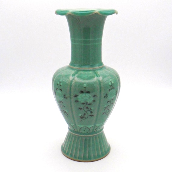 Vintage 20th Century Korean Celadon Mellon Shaped Vase with Floral Motif