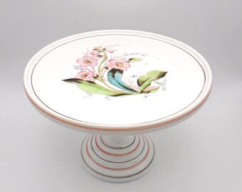 Antique 1884-1891, Challinor, Taylor and Co. Milk Glass Cake Stand, Hand-painted Floral Design