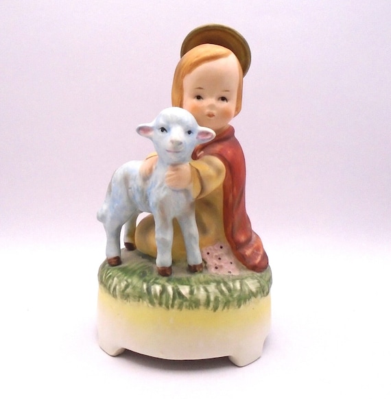 Vintage Lefton Angel Child & Blue Lamb Music Box: "Oh Little Town of Bethlehem"