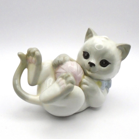 Vintage Ceramic Gray and White Kitten Playing with Pink Ball of Yarn