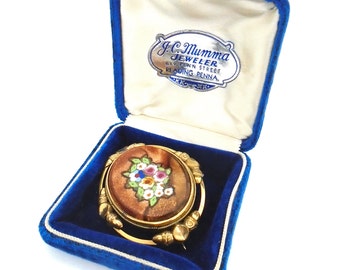 Vintage 1890-1910 Victorian Era Goldstone Micro-Mosaic Brooch in Velvet Display Box from J.C. Mumma Jewelry, Reading, PA