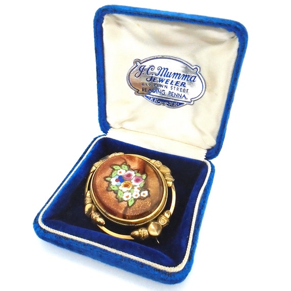 Vintage Goldstone Micro-Mosaic Brooch: Victorian Floral Jewelry in Display Box