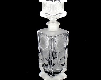 Vintage Cut Glass Perfume Bottle, Frosted Etched Flowers, Stopper with Etched Roses