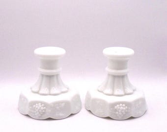 Westmoreland Glass Company, Paneled Grape, Milk Glass, Taper Candle Holder Pair (2), Circa 1960's