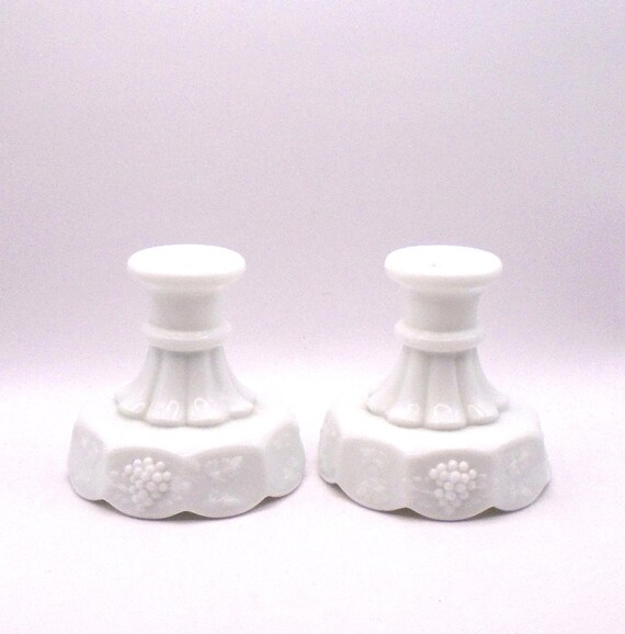 Vintage Westmoreland Milk Glass Candle Holder Pair: Paneled Grape Design