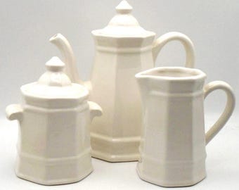 Vintage Pfaltzgraff White Stoneware "Heritage" Pattern Teapot, Sugar Bowl with Lid and Creamer, 3 Piece Set