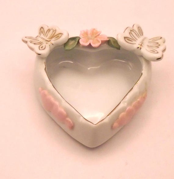 Vintage Heart Shaped Trinket Dish with Butterflies and Flowers, Hearts and Gold Trim