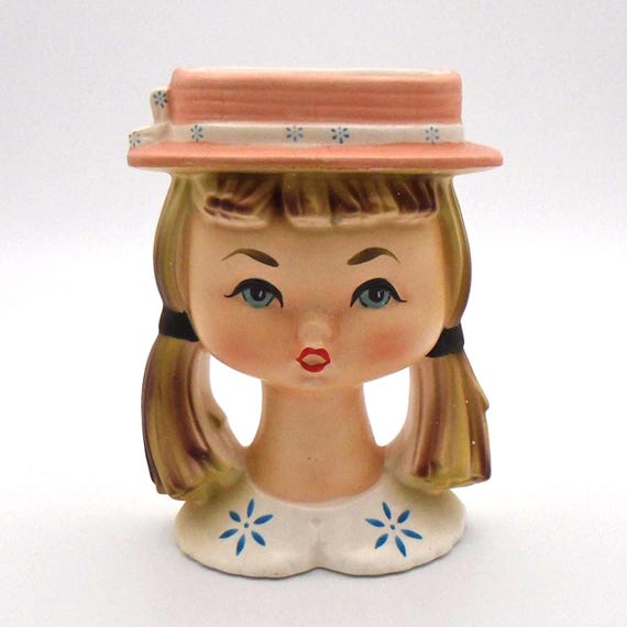 Vintage Girl Head Vase: 1950s-60s Pink Hat Wall Pocket, Brinn's