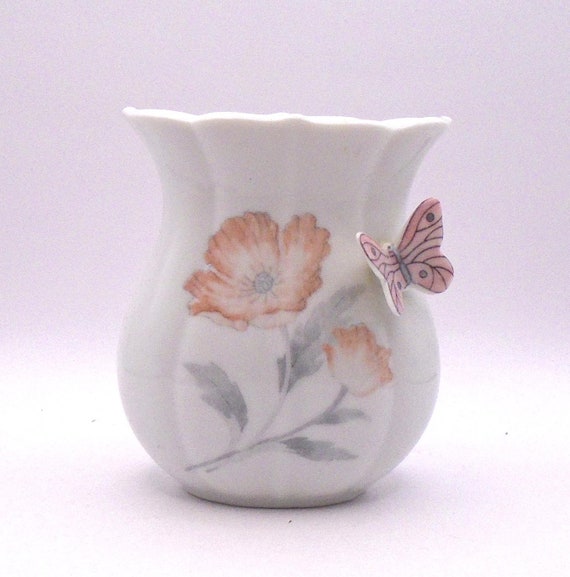 Vintage Porcelain Floral Vase with 3D Butterfly, 1960s Decor
