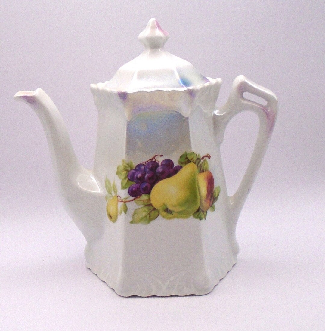 Vintage German Lusterware Teapot With Fruit Motif Iridescent Etsy