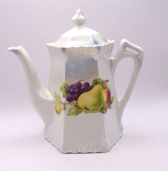 Vintage German Lusterware Teapot with Fruit Motif - Iridescent