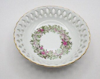 Vintage 1988 Avon Reticulated "Happy Birthday" Dish with Gold Trim, Trinket Dish with Wreath of Pink Roses, Made in USA