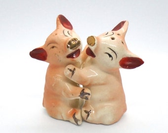 Vintage 1960's Ceramic "Hugging Pigs" Salt and Pepper Shakers, Stamped Japan