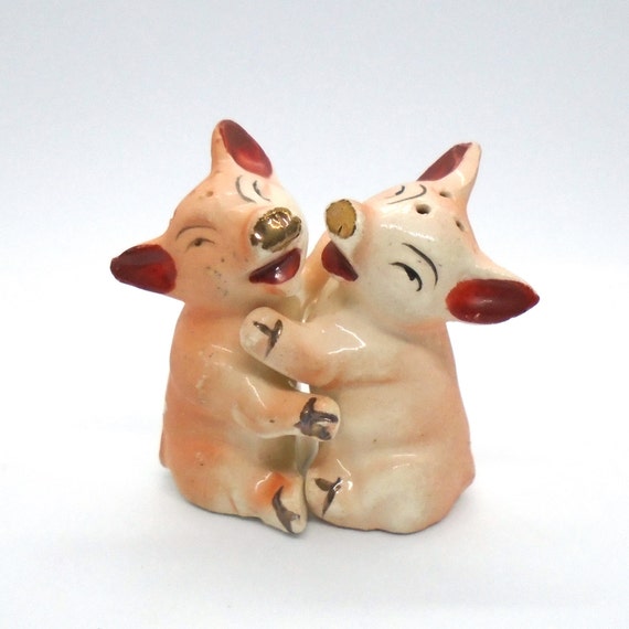 Vintage 1960's Ceramic "Hugging Pigs" Salt and Pepper Shakers, Stamped Japan