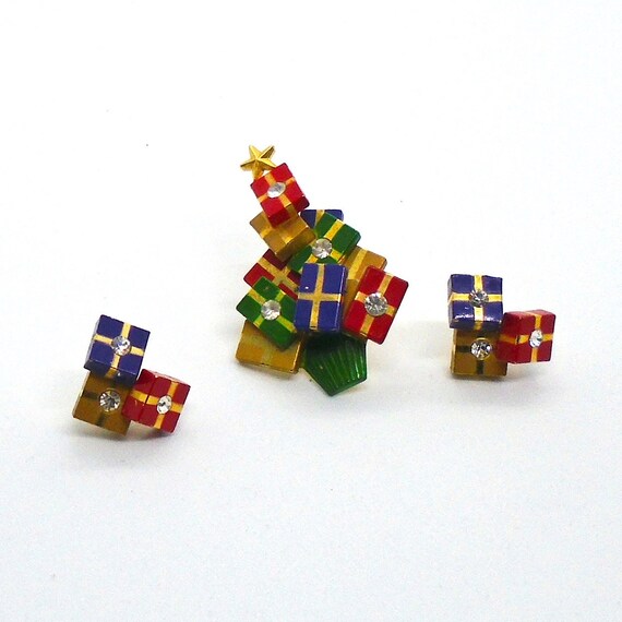 Vintage Christmas Tree Brooch and Gifts Earrings