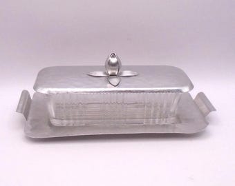 Vintage Rodney Kent Glass Butter Dish with Hammered Aluminum Lid with Tulip Handle and Tray, Circa 1950's