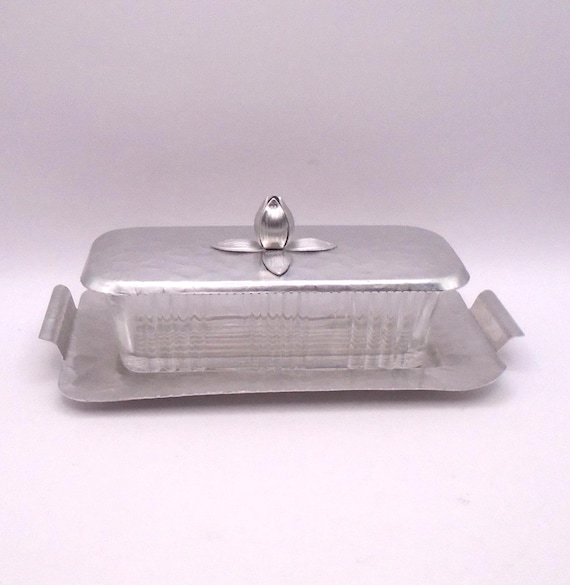 Vintage Rodney Kent Glass Butter Dish: Hammered Aluminum Tulip Lid, 1950s