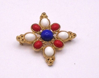 Vintage Sarah Coventry Red White and Blue Brooch /Pin American Patriotic Maltese Cross