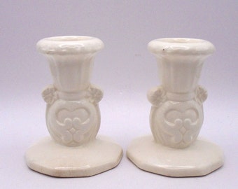 Vintage Ceramic White Candlesticks, Pair - 3-3/8" Tall, Hearts and Flower Pattern, Made in Japan