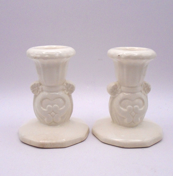Vintage Ceramic Candlestick Pair: White Hearts & Flowers, Made in Japan