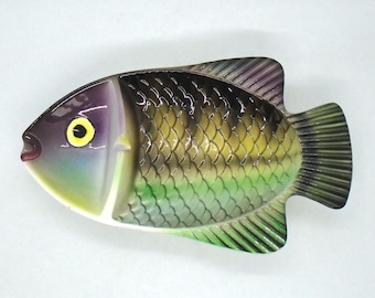 Vintage 1950-60's Souvenir Ceramic Purple/Yellow/Green Fish Trinket Dish, Ashtray for Beach/Lake House Decor, Ucagco Japan Ceramics