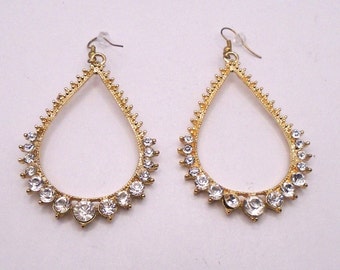 Vintage Rhinestone Teardrop Pierced Earrings, Goldtone Metal and Rhinestones