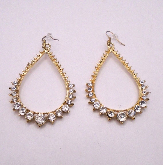 Vintage Rhinestone Teardrop Pierced Earrings, Goldtone Metal and Rhinestones