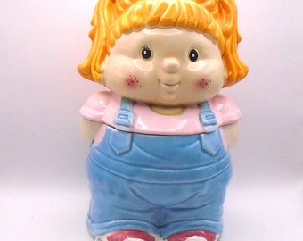 Vintage Girl in Overalls Cookie Jar with Lid Circa 1970's -- Made in Japan