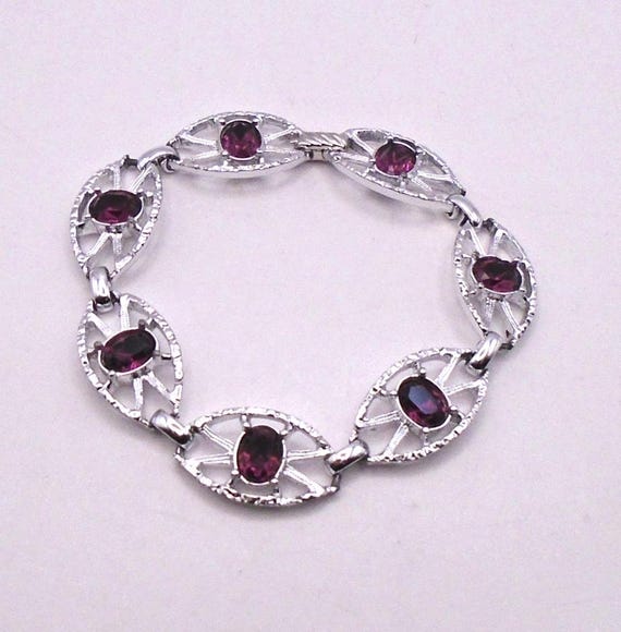 Vintage Sarah Coventry Faux Amethyst and Rhinestone Bracelet, 7.5 Inches in Length