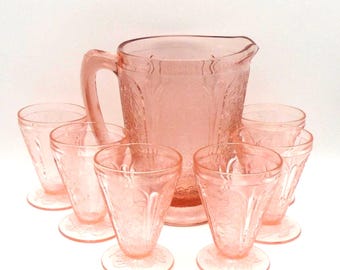 Vintage Jeannette "Pink Cherry Blossom" Depression Glass Pitcher with 6 Juice/Water Tumblers, Circa 1930's Depression Era, Made in USA