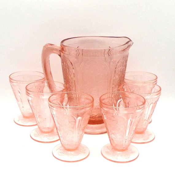 Vintage Jeannette "Pink Cherry Blossom" Depression Glass Pitcher with 6 Juice/Water Tumblers, Circa 1930's Depression Era, Made in USA