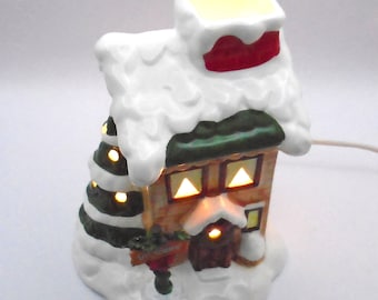Vintage Lefton Ceramic Christmas House Night Light with Christmas Tree and wreath