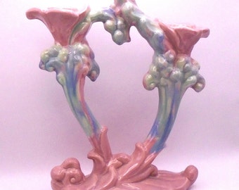 Vintage Royal Haeger Mauve Agate Twin Stalk Candle Holder, Pink and Blue, 10-1/2" Tall, Mid-Century Modern Decor
