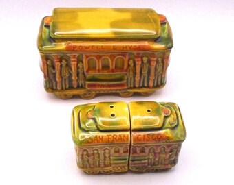 Vintage San Francisco Trolley Car Ceramic Salt and Pepper Shakers and Sugar Bowl Set, Circa 1960's