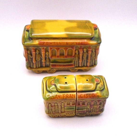Vintage San Francisco Trolley Car Ceramic Salt & Pepper Shakers and Sugar Bowl Set
