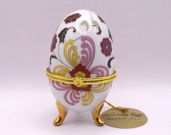 Vintage Porcelain Footed Trinket Egg Shaped Box - Victorian Style Trinket/Jewelry Box, Floral Pattern with Gold Trim