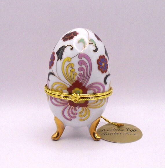 Vintage Porcelain Egg Trinket Box: Victorian Floral Jewelry Box