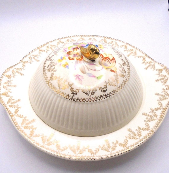 Vintage Royal China Covered Dish: Hand-Painted Floral, 22kt Gold Trim
