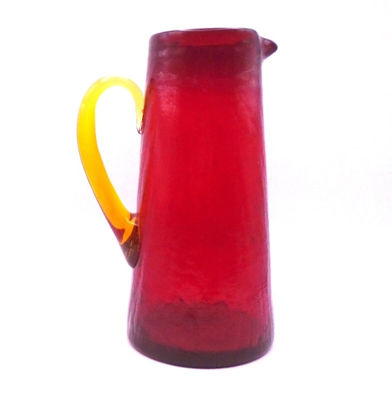 Vintage Blenko Crackle Red Glass Pitcher with Golden Handle