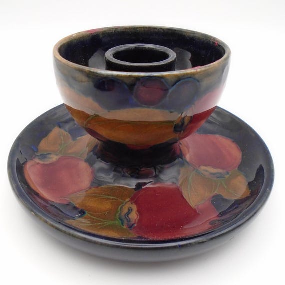 William Moorcroft Arts and Crafts Pottery "Pomegranate" fruit/floral design candle holder