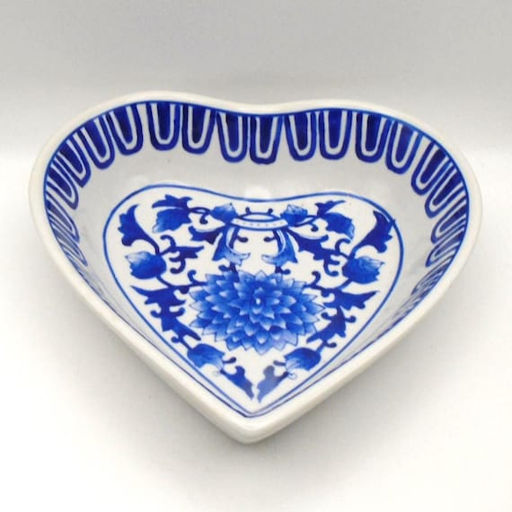 Vintage La Dolce Vita Heart Dish: Blue Scroll Decor by JJG Designs