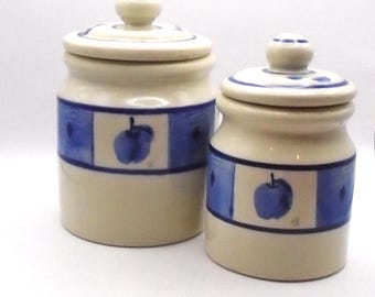 Vintage Hartstone Pottery Blue Orchid Fruit Canisters, Set of 2, Stoneware Canister Jars with Lids, Made in USA, Rare Find