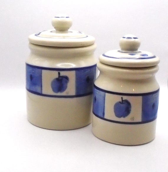 Vintage Hartstone Pottery Canisters: Blue Orchid Fruit Jars, Set of 2