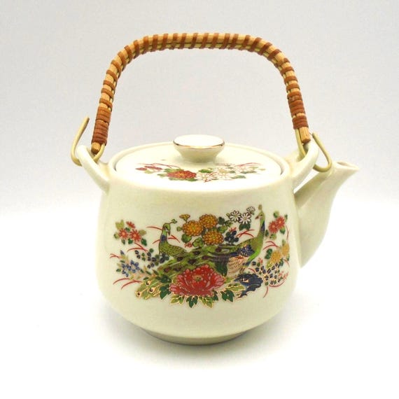 Vintage Kutani Porcelain Teapot: Hand-Painted Peacock & Floral Design, Bamboo Handle