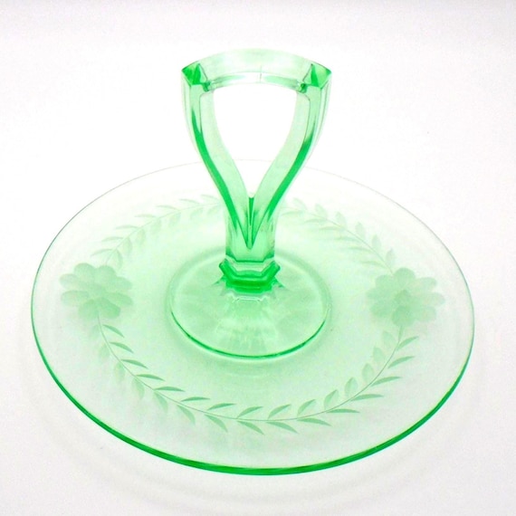 Vintage Vaseline/Uranium Depression Glass Tidbit Tray, Floral Etched with Key-Hole Style Center Handle, Circa 1920's-1940's