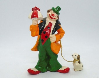 Vintage Clown with small spotted Dog Figurine, Made in Sri Lanka for Enesco
