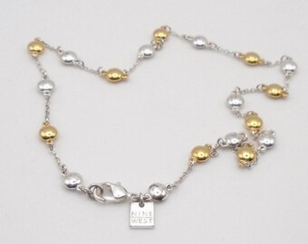 Nine West Silver Tone and Gold Tone Beaded Necklace, 16" in Length, Lobster Claw Clasp