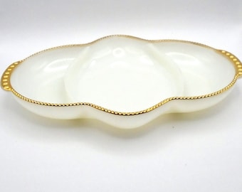 Vintage Mid Century Modern Fire King Milk Glass Serving Dish / Relish Dish with Gold Rim  1950's -1960's