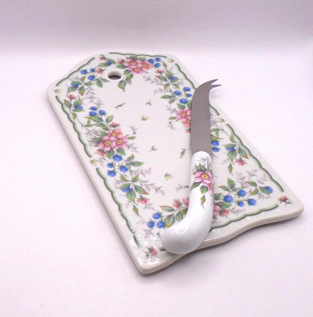 Vintage Andrea Sadek Floral Ceramic Cheese Board With Knife - New